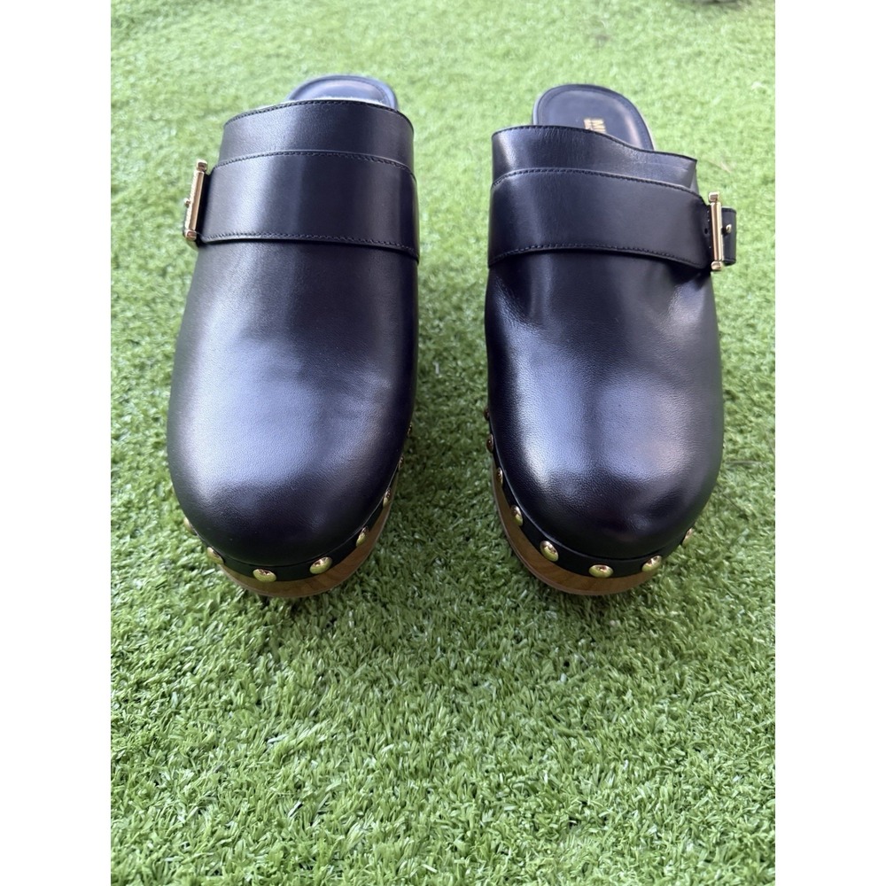 NIB Michael Kors Rye Platform Clogs Black Leather Gold Studded Mule 9M - Picture 4 of 9
